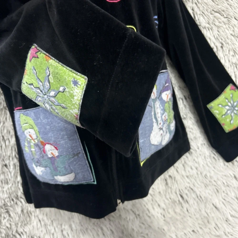 Snowman Snow Velour Zip Jacket 80's 90's Abstract‎ Winter Faux Fur Collar Sz M